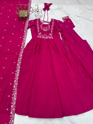 Roman Shimmer Silk Embroidered Anarkali Set – Rani Pink
