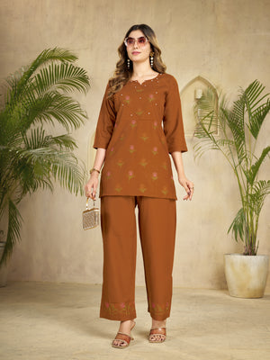 Heavy Rayon Embroidered Co-Ords Set – Coffee