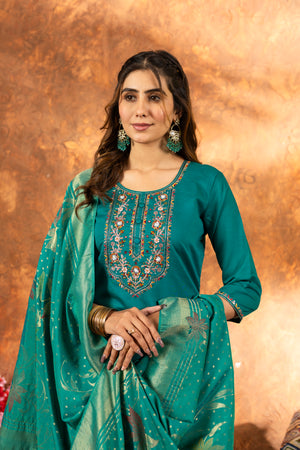 Marina Silk Embroidered Straight Kurti Set – Rama Green