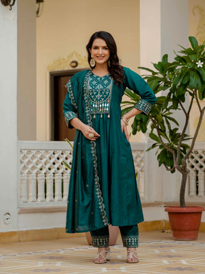 Viscose Roman Silk Embroidered Anarkali Kurti Set – Teal
