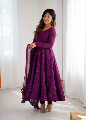 Georgette Embroidered Anarkali Set – Wine