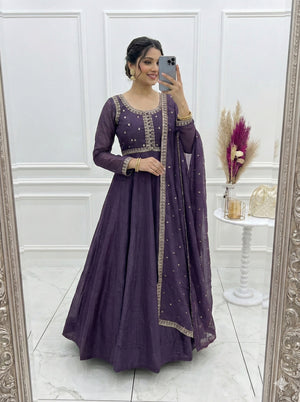 Crunchy Silk Embroidered Gown Set – Purple