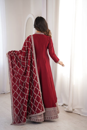Vichitra Silk Embroidered Gown Set – Maroon