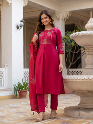 Pure Viscose Mango Silk Embroidered Straight Kurti Set – Pink