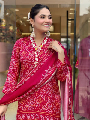 Viscose Silk Embroidered Kurta Pant Dupatta Set – Rani Pink