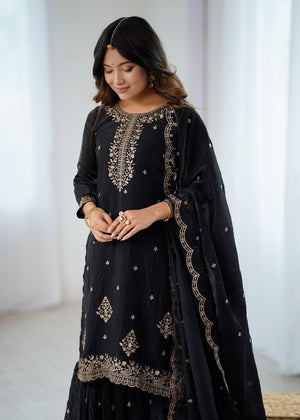 Crunchy Silk Embroidered Kurta-Sharara Set – Black
