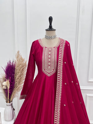 Vichitra Silk Embroidered Gown Set – Dark Pink