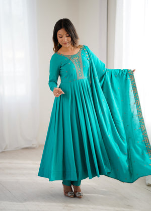 Roman Chanderi Silk Embroidered Anarkali Set – Teal Blue