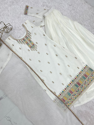 Crunchy Silk Embroidered Kurta-Sharara Set – White