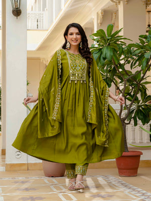 Viscose Roman Silk Embroidered Anarkali Kurti Set – Mahendi