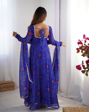 Soft Lightweight Chiffon Bandhej Fabric Inner Micro Cotton Embroidered Anarkali Set – Blue