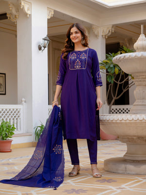 Pure Viscose Mango Silk Embroidered Straight Kurti Set – Violet