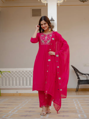 Pure Viscose Mango Silk Embroidered Straight Kurti Set – Pink