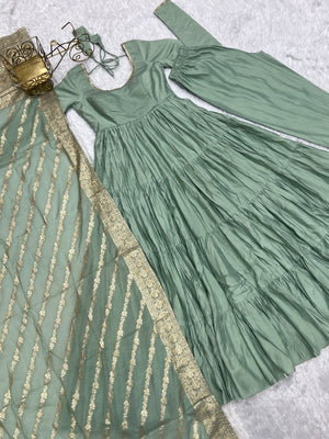 Roman Chanderi Silk Embroidered Anarkali Set – Sea Green