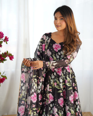 Organza Silk Printed Anarkali Set – Black