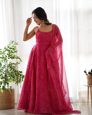 Soft Lightweight Chiffon Bandhej Embroidered Gown Set – Pink