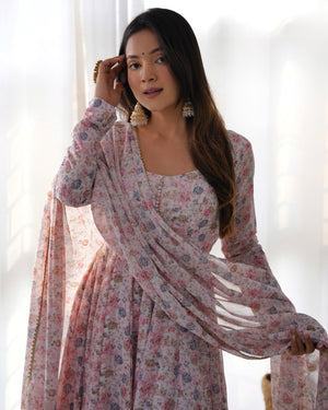 Heavy Orange Chiffon Floral Print Printed Anarkali Set – White Pink
