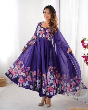 Organza Silk Printed Anarkali Set – Purple