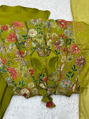 Roman Chanderi Silk Printed Kurta-Palazzo Set – Mehndi Green