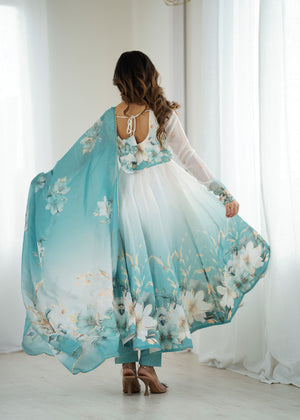 Organza Silk Printed Anarkali Set – Aqua Blue