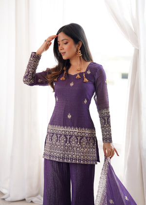 Crunchy Silk Embroidered Bell Bottom Set – Purple