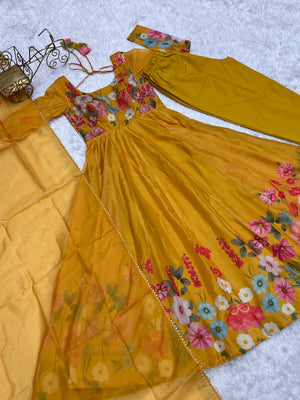 Organza Silk Printed Anarkali Set – Yellow