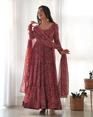 Georgette Printed Anarkali Set – Maroon