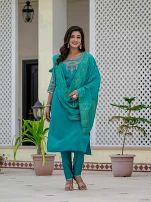 Premium Roman Silk Embroidered Straight Kurti Set – Firozi