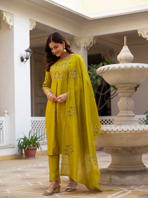 Pure Viscose Mango Silk Embroidered Straight Kurti Set – Yellow