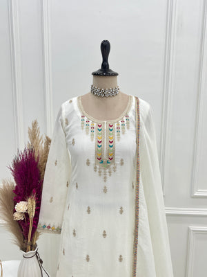 Crunchy Silk Embroidered Kurta-Sharara Set – White