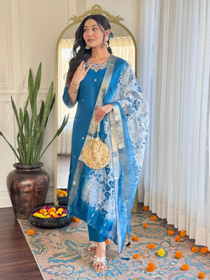 Roman Silk Embroidered Kurta Pant Dupatta Set – Sky Blue