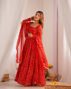 Soft Lightweight Chiffon Bandhej Fabric Inner Micro Cotton Embroidered Anarkali Set – Orange