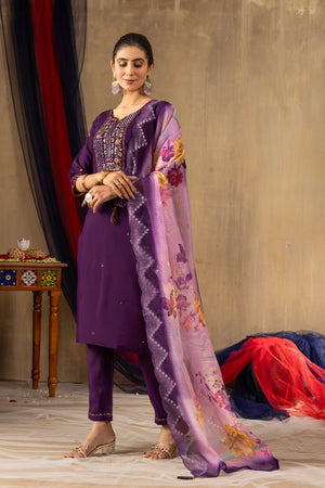 Roman Silk Embroidered Straight Kurti Set – Purple