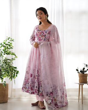 Organza Silk Printed Anarkali Set – Pink