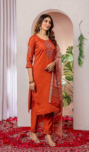 Viscose Silk Embroidered Straight Kurti Set – Orange