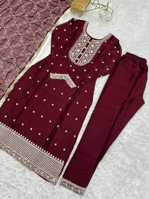 Rangoli Silk Embroidered Straight Kurta Set – Maroon