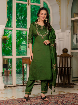 Marina Silk Embroidered Straight Kurti Set – Mehndi Green