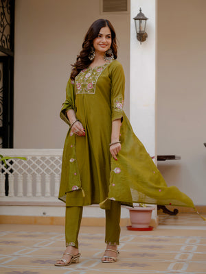 Pure Viscose Mango Silk Embroidered Straight Kurti Set – Mahendi Green