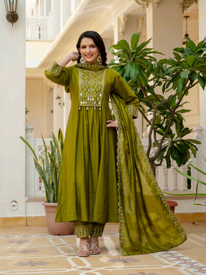 Viscose Roman Silk Embroidered Anarkali Kurti Set – Mahendi