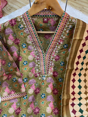 Zarna Silk Embroidered Straight Kurti Set – Olive Green