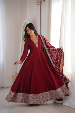 Vichitra Silk Embroidered Gown Set – Maroon