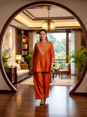 Cp Vichitra Silk Embroidered Kurta Pant Dupatta Set – Rust Orange