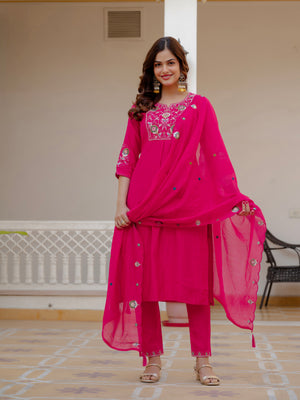 Pure Viscose Mango Silk Embroidered Straight Kurti Set – Pink