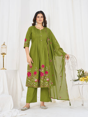 Pure Cotton Embroidered Anarkali Kurti Set – Green