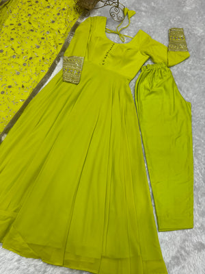 Georgette Embroidered Gown Set – Lemon Green