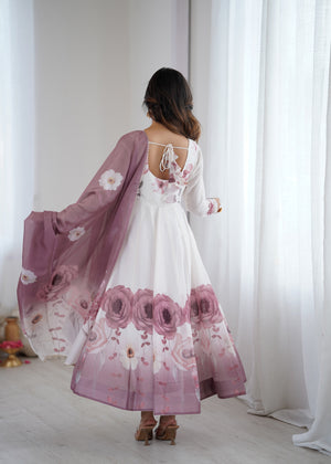 Organza Silk Printed Anarkali Set – Lilac Floral