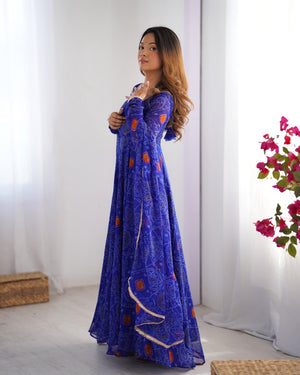 Soft Lightweight Chiffon Bandhej Fabric Inner Micro Cotton Embroidered Anarkali Set – Blue