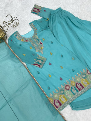 Crunchy Silk Embroidered Kurta-Sharara Set – Sky Blue