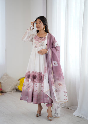 Organza Silk Printed Anarkali Set – Lilac Floral