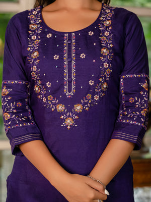 Marina Silk Embroidered Straight Kurti Set – Violet